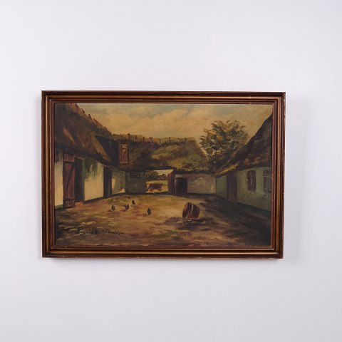 Landschaftsgemälde mit Bauernhof, Hofplatz und Hühnern Signiert 49 x 71 cm
