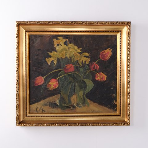 Blumenbild mit Tulpen im vergoldeten Rahmen signiert