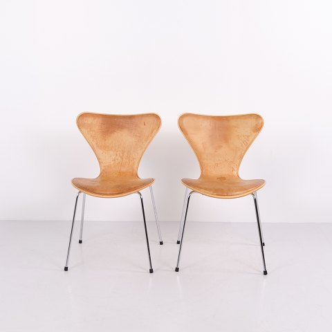 Set aus 2 Arne Jacobsen Serie 7 Stühlen Modell 3107 aus Ahorn und Cognac Leder von 1996 Fritz Hansen