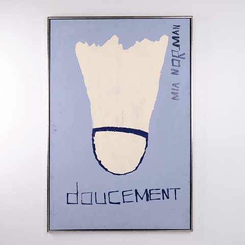 Gemälde auf Leinwand mit Federball und dem Schriftzug „Doucement“ von Mia Norman 155 x 105 cm