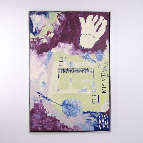 Abstraktes Ölgemälde mit Stilisierter Hand und Grafischen Elementen mit dem Schriftzug „MIA NORMAN“ 155 x 105 cm
