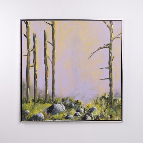 Landschaftsgemälde auf Leinwand mit Wald und Hohen Bäumen Signiert K.S.E 09 104 x 104 cm
