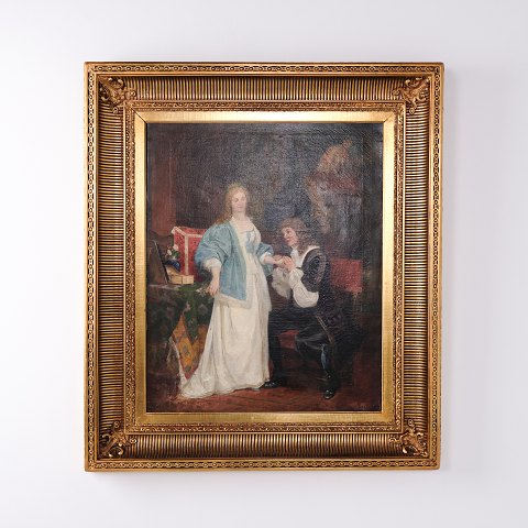 Ölgemälde mit Zwei Personen in einem Interieur im Goldrahmen von 1841 92 x 81 cm