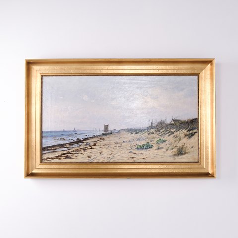 Ölgemälde mit Küstenpartie aus Hornbæk im Goldrahmen von 1886 von Alfred Olsen