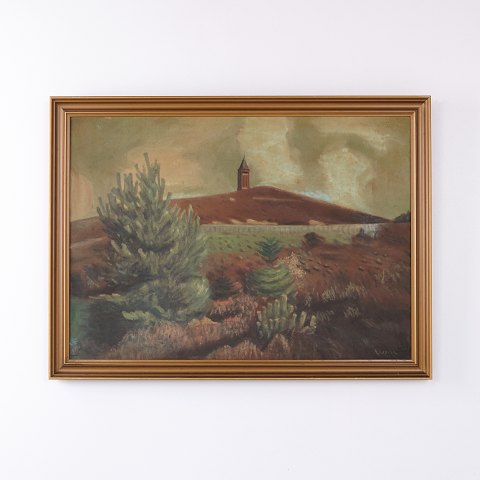 Ölgemälde mit Landschaft, Hügel und Turm im Goldrahmen 57 x 77 cm