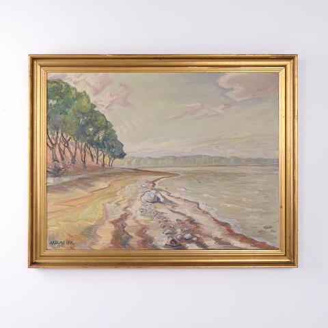 Ölgemälde mit Küstenlandschaft, Strand und Bäumen im Goldrahmen von 1952 von Axel Meyer