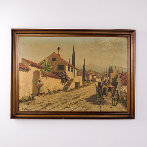 Ölgemälde mit Südlichem Dorf, Personen und Wagen im Dunklen Holzrahmen 78,5 x 110 cm