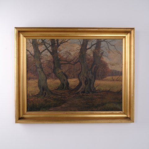 Ölgemälde mit Waldlandschaft und Alten Knorrigen Bäumen im Profilierten Goldrahmen 80 x 101 cm