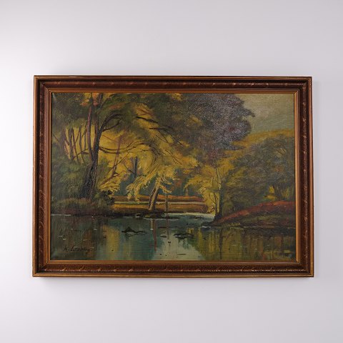 Ölgemälde mit Waldlandschaft, Bäumen und Wasser im Dunklen Profilierten Rahmen 76,5 x 107 cm