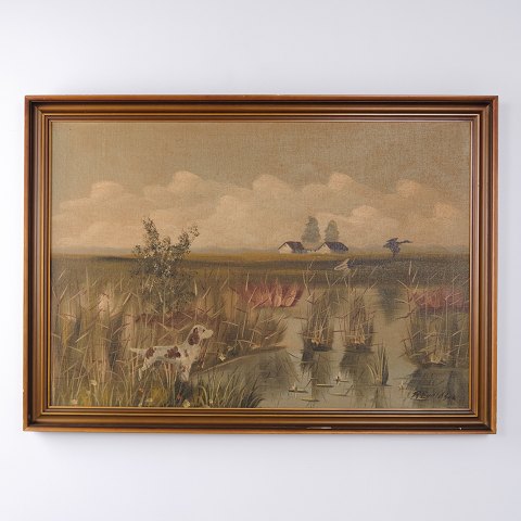 Ölgemälde mit Feuchtgebiet, Schilf und Hund im Goldbraunen Profilierten Rahmen 75 x 105 cm