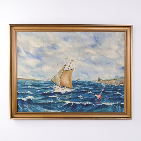 Ölgemälde mit Segelboot, Rauem Meer und Leuchtturm im Goldrahmen von 1951 von Vedel-Olsen