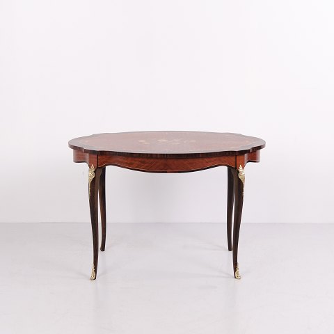 Mahagoni Salontisch / Beistelltisch mit Intarsien und Bronzeornamenten 1920er Jahre