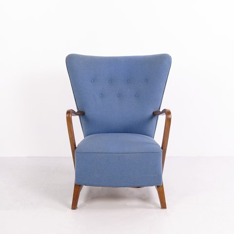 Vintage Hochlehner Sessel aus Holz mit Blauem Stoff 1940er Jahre