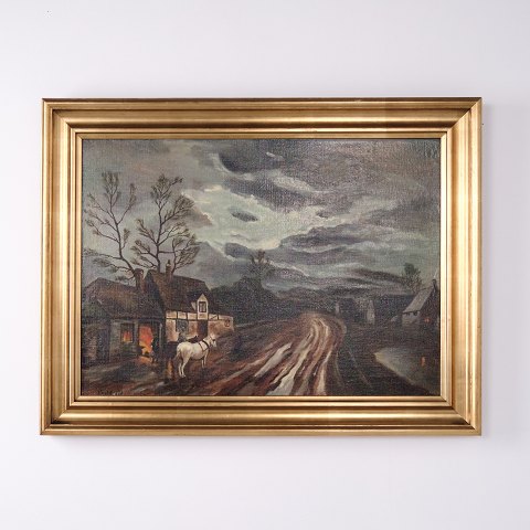 Gemälde auf Leinwand mit Dorfmotiv und Pferdewagen 1930er Jahre 58 x 76 cm