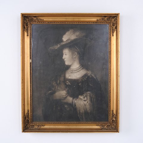 Porträtdruck einer Frau mit Federhut im Goldrahmen 59 x 48 cm
