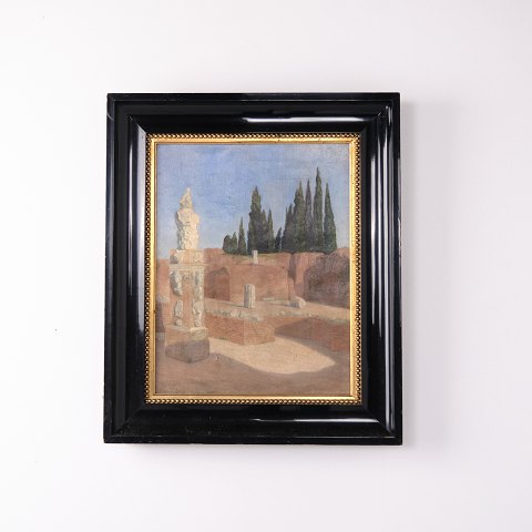 Gemälde mit Antiken Ruinen und Zypressen im Schwarzen und Vergoldeten Rahmen 60 x 50,5 cm
