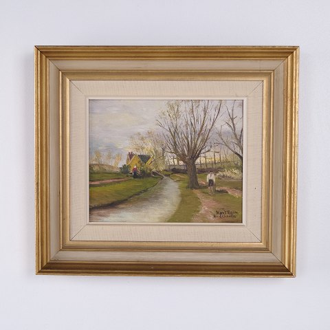 Hans Egon Andersson Landschaftsgemälde mit Dorf und Weg 37 x 42 cm
