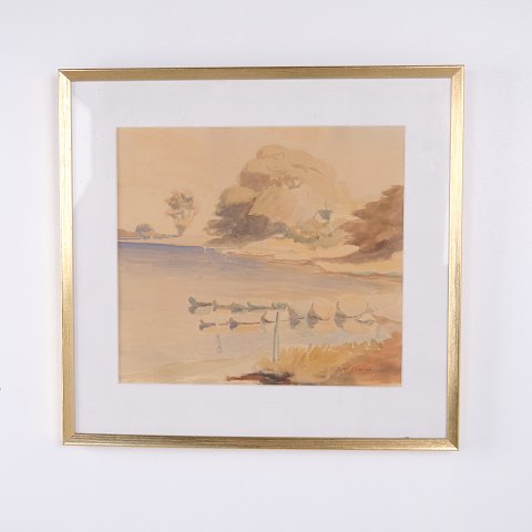 Gerahmtes Landschaftsmotiv mit Enten am See Werk auf Papier 48,5 x 51 cm