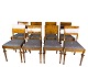 Set of 8 dining room chairs of birch and upholstered with blue fabric from the 
1930s.
5000m2 showroom.