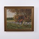 Ölgemälde auf Leinwand mit Reh an einer Steinmauer im Goldrahmen 58,5 x 70 cm