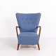 Vintage Hochlehner Sessel aus Holz mit Blauem Stoff 1940er Jahre